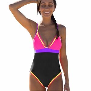 NEW Popvil Color Block Clam Shell Spandex Sweet One Piece Swimsuit size Medium